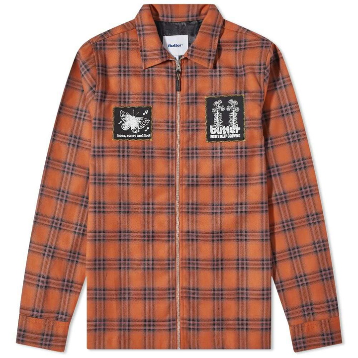 Photo: Butter Goods Men's Melody Plaid Zip Overshirt in Burnt Orange/Purple