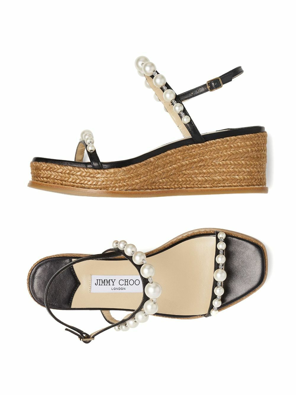 JIMMY CHOO - Amatuus 60 Pearl Embellishment Raffia Wedge Sandals