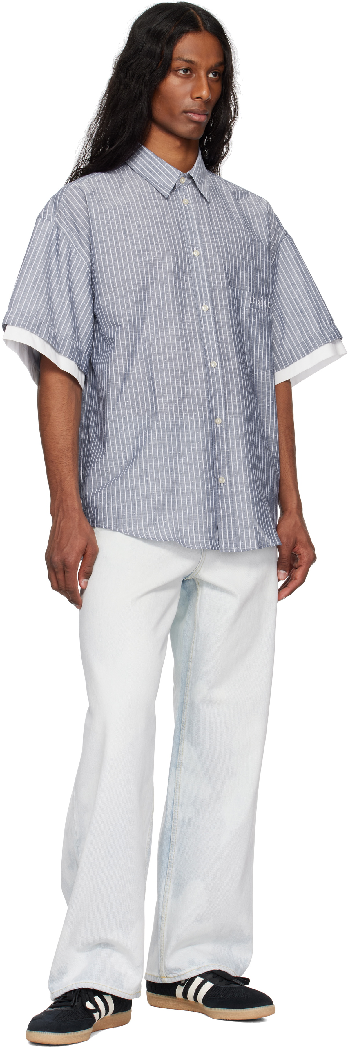 le PÈRE Navy Double Short Sleeve Button Down Shirt