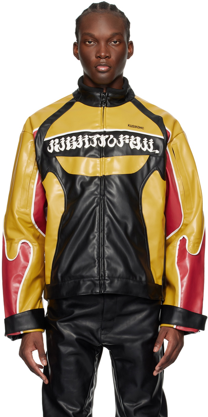 KUSIKOHC Black Yellow Rider Faux Leather Jacket KUSIKOHC