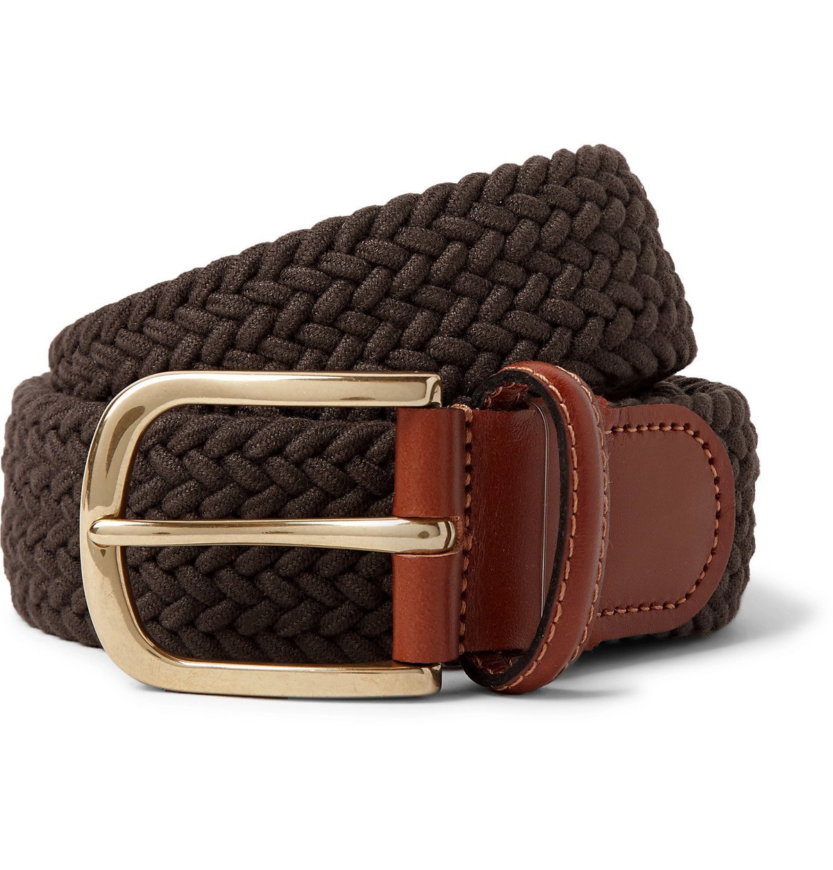 Anderson & Sheppard - 3.5cm Leather-Trimmed Woven Elastic Belt - Brown