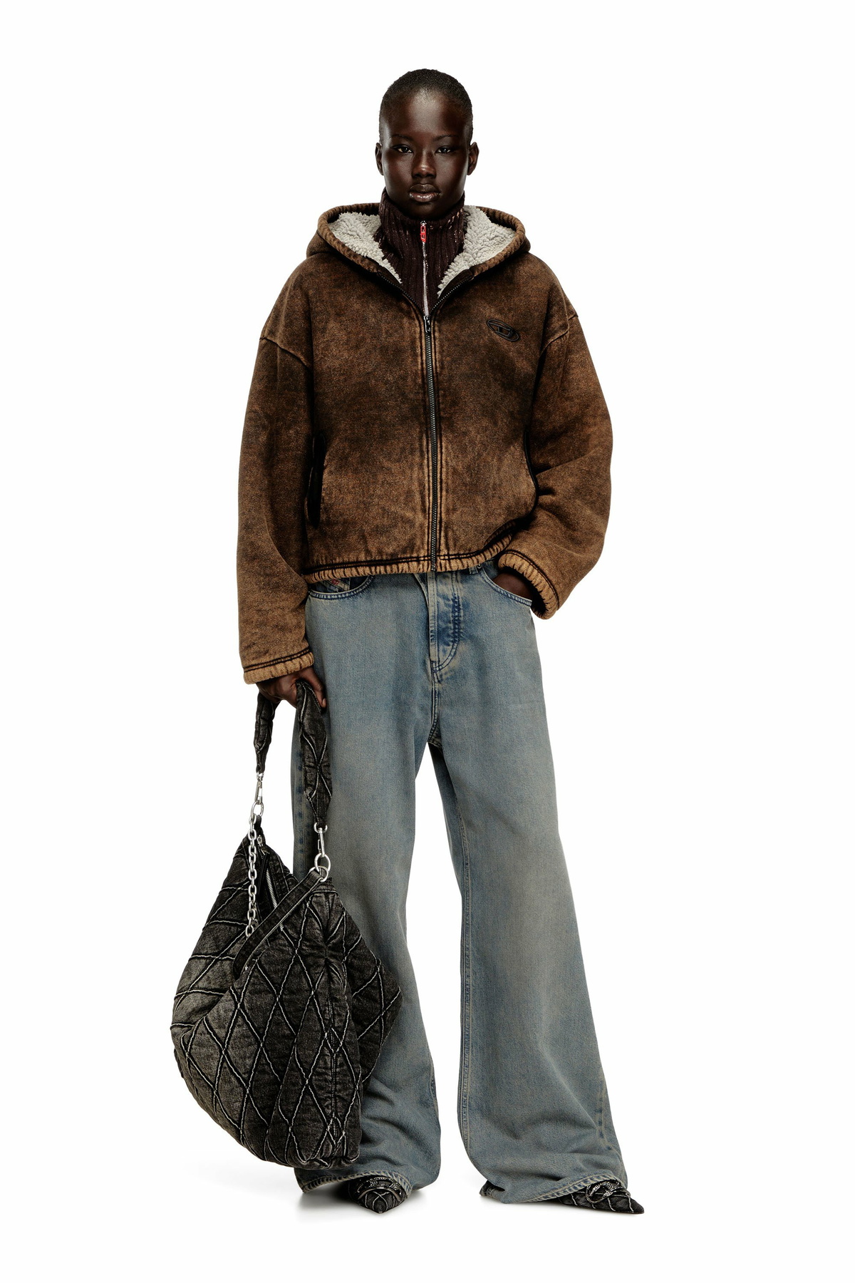 Diesel Acid-wash zip-up hoodie with teddy lining - Sweaters Womens in Brown