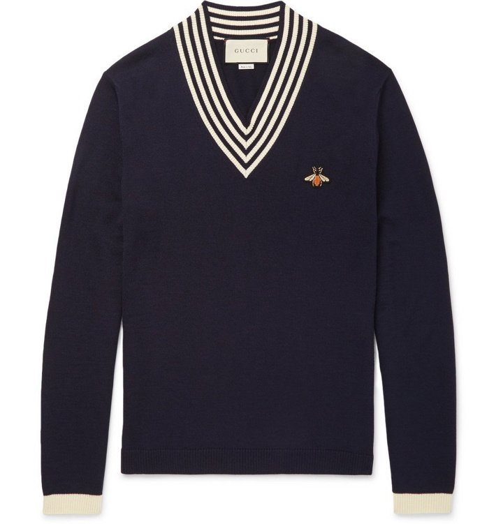 Photo: Gucci - Appliquéd Striped Wool Sweater - Navy