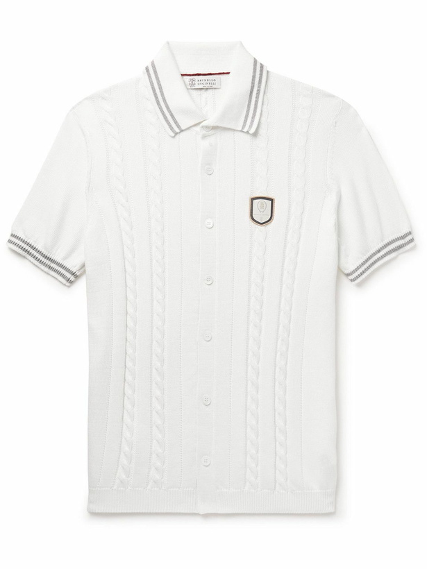 Photo: Brunello Cucinelli - Logo-Appliquéd Striped Cable-Knit Cotton Polo Shirt - White