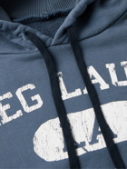 Greg Lauren - Distressed Logo-Print Cotton-Jersey, Waffle-Knit and Denim Hoodie - Blue