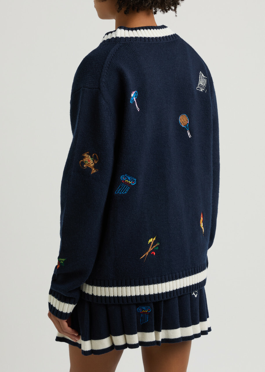 Casablanca Embroidered Wool and Cashmere-blend Cardigan Navy