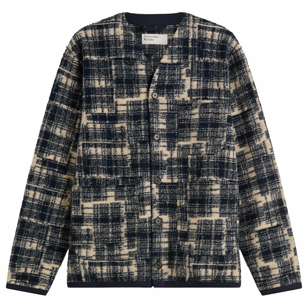 Universal Works Men's Patch Check Fleece Cardigan in Navy