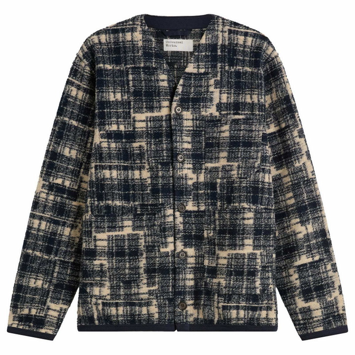 Photo: Universal Works Men's Patch Check Fleece Cardigan in Navy