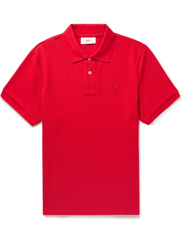 Photo: AMI PARIS - Logo-Appliquéd Cotton-Piqué Polo Shirt - Red