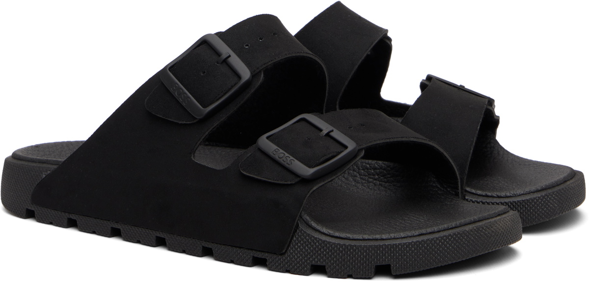 BOSS Black Twin-Strap Branded Buckle Slides