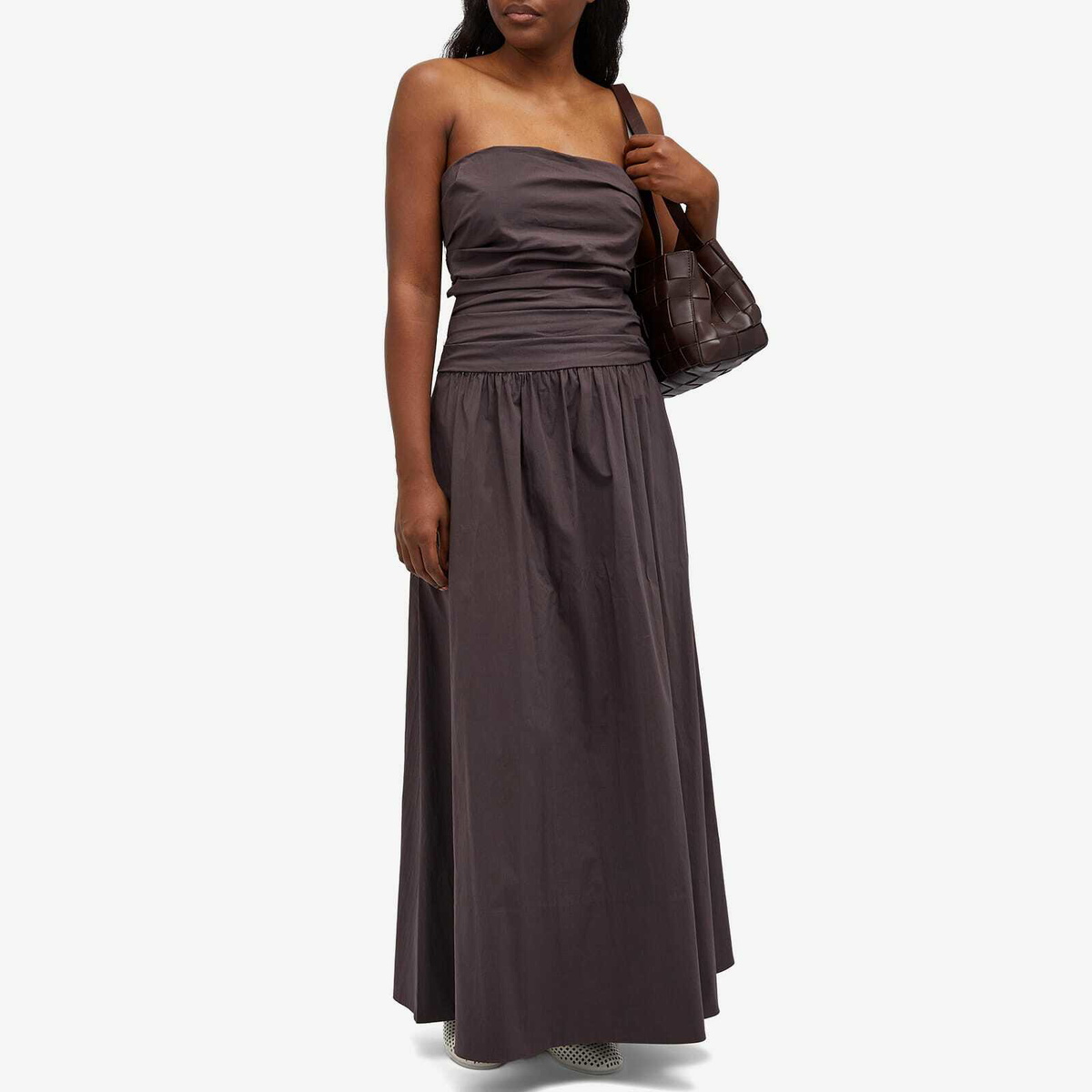 ST. Agni Women's Gathered Strapless Tie Back Maxi Dress in Chocolate Plum