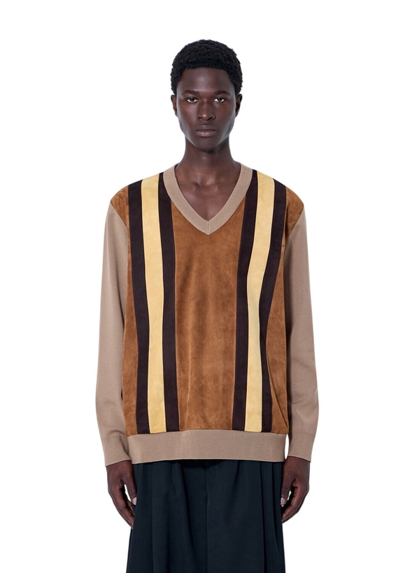 Photo: Miu Miu V-neck Sweater with Contrast Stripes