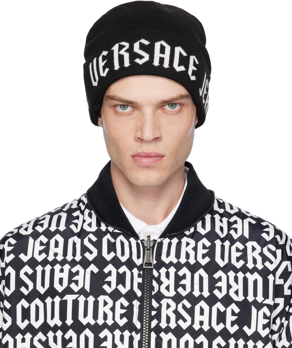 Versace Jeans Couture ビーニー 黒 Versace Jeans Couture Black Jacquard Beanie Versace
