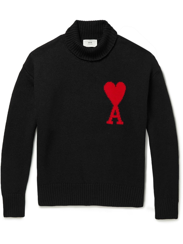 Photo: AMI PARIS - Logo-Intarsia Virgin Wool Rollneck Sweater - Black