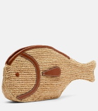 Staud Pesce leather-trimmed raffia clutch
