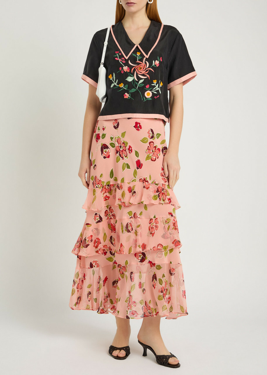 Rixo Preslee Floral Ruffled Silk-chiffon Midi Skirt Pink