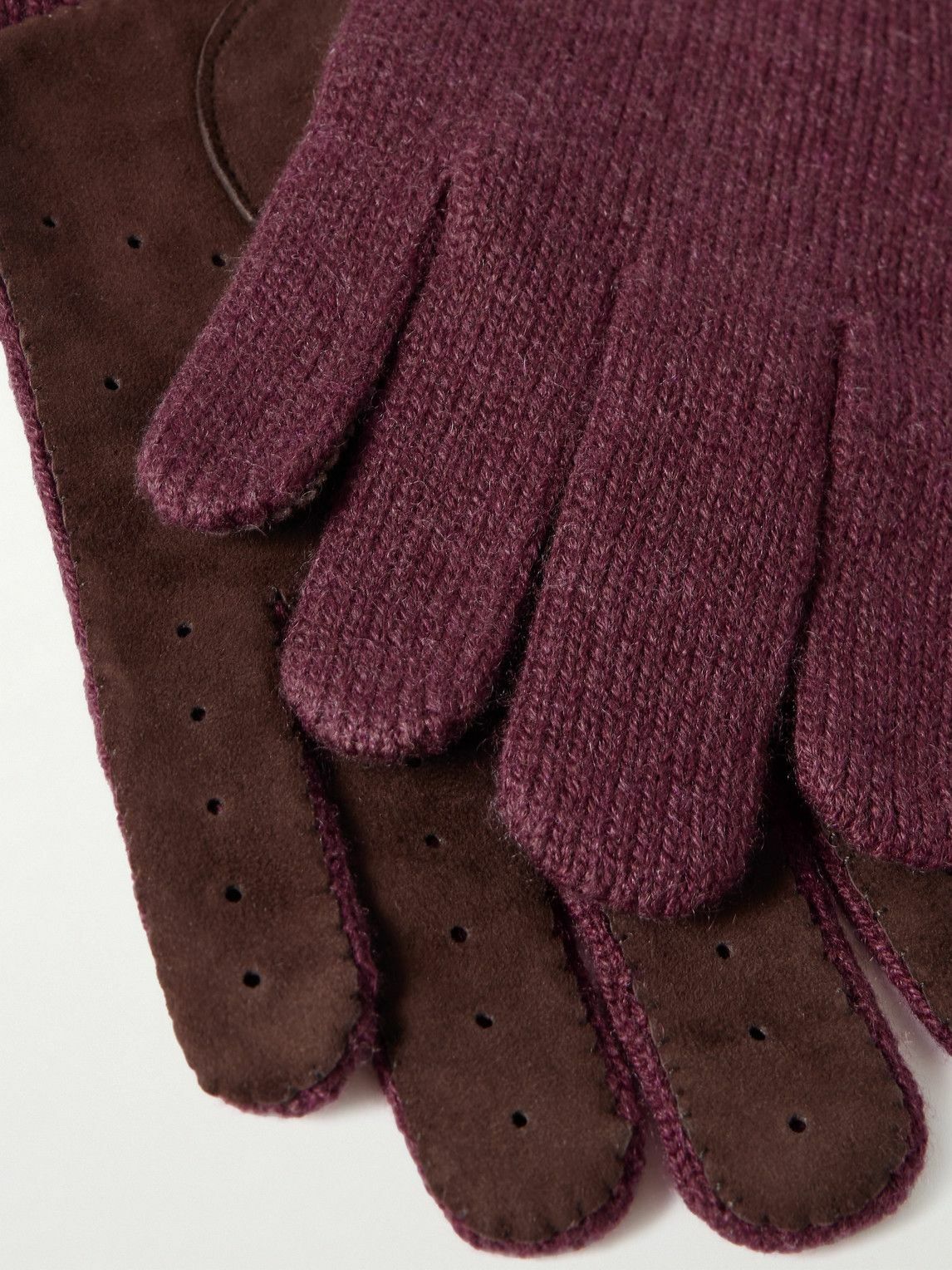 Brunello Cucinelli - Suede-Trimmed Ribbed Cashmere Gloves - Burgundy
