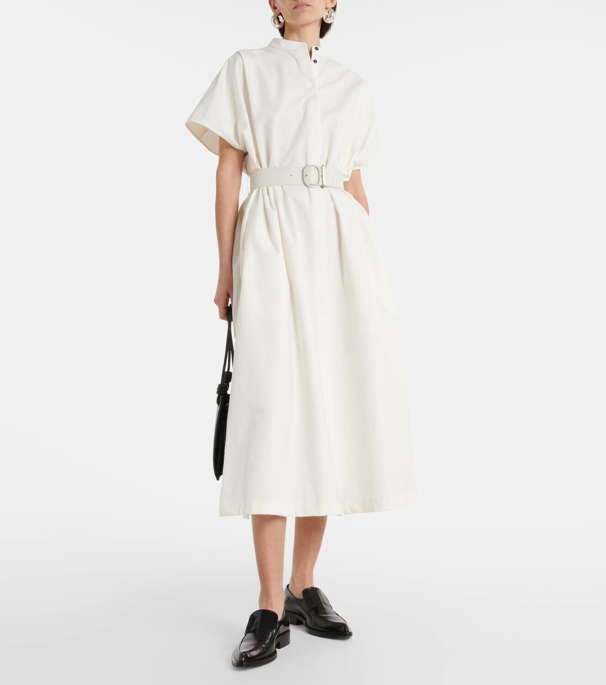 Jil Sander Belted leather-trimmed cotton midi dress