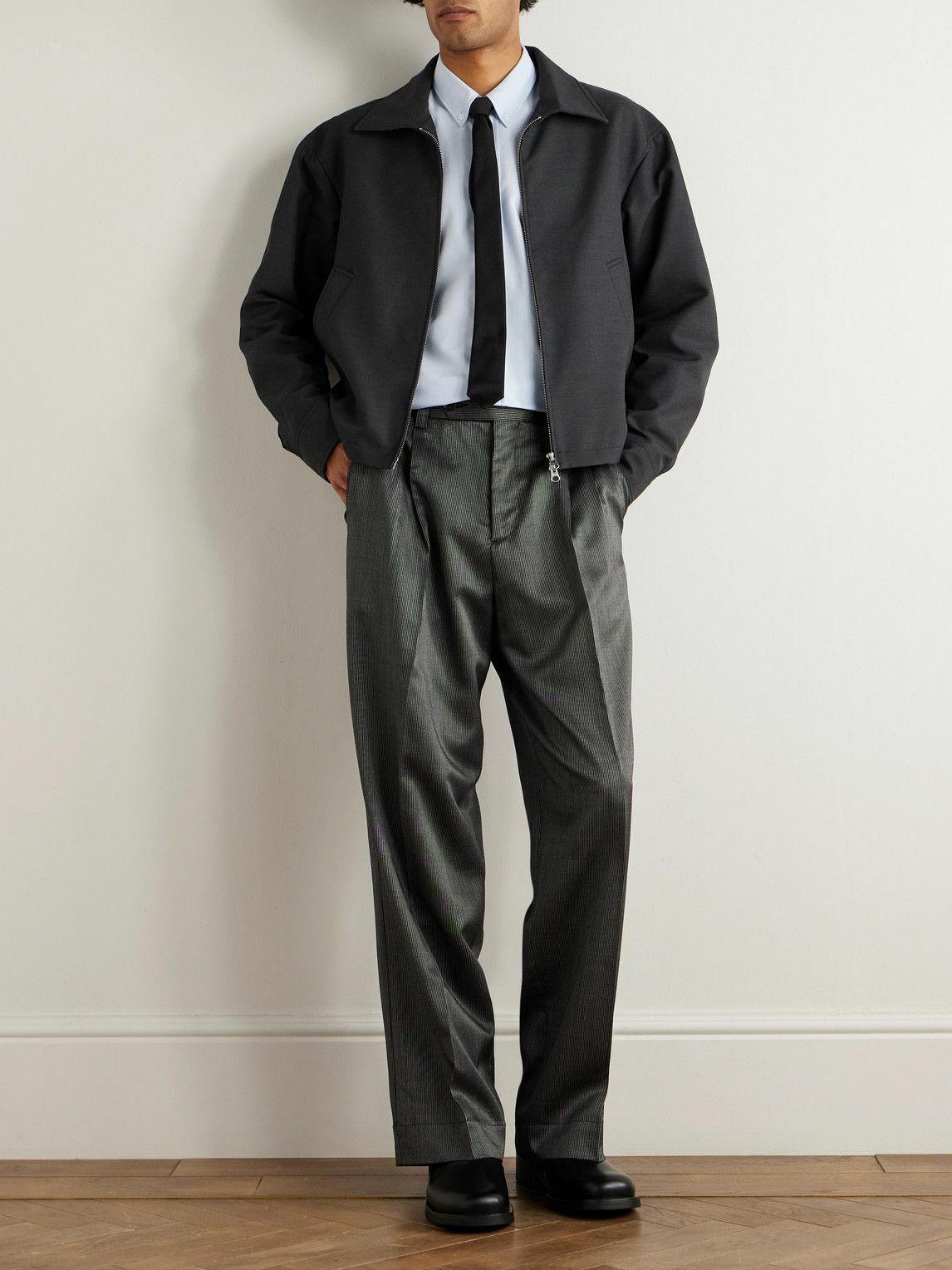 mfpen - Straight-Leg Pleated Striped Wool and Silk-Blend Trousers - Gray