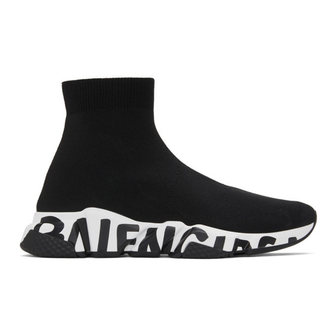 Photo: Balenciaga Black and White Graffiti Sole Speed High-Top Sneakers