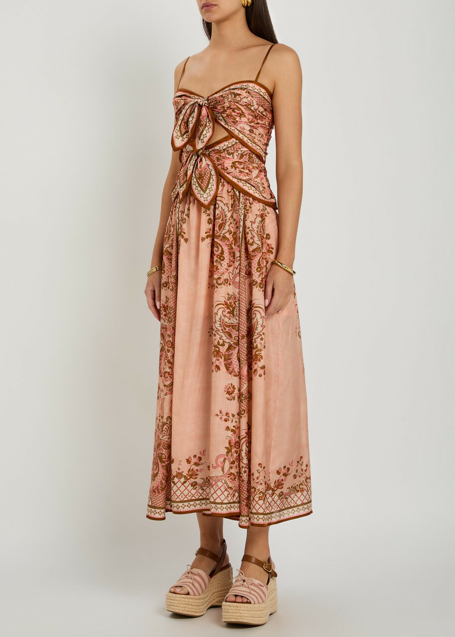 Zimmermann Aster Scarf Printed Cut-out Silk Midi Dress Pink