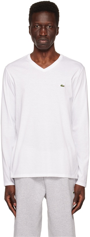 Photo: Lacoste White V-Neck Long Sleeve T-Shirt