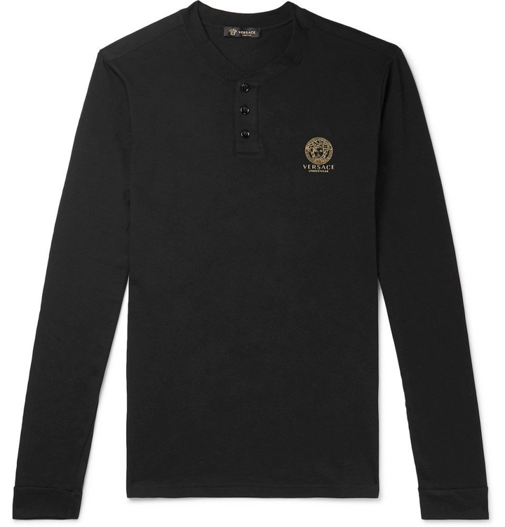 Photo: Versace - Logo-Print Cotton-Blend Jersey Henley T-Shirt - Black