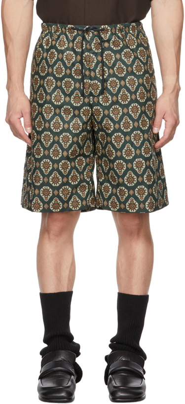 Photo: Dries Van Noten SSENSE Exclusive Green Lightweight Poplin Printed Shorts
