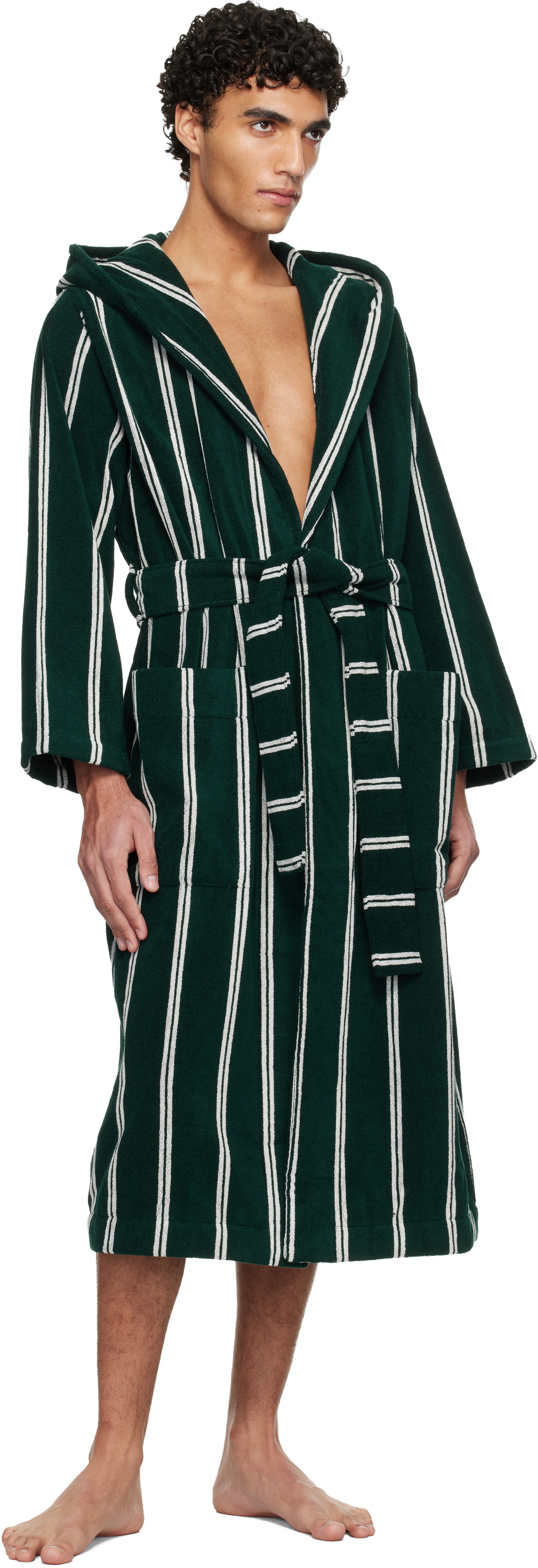 Tekla Green & White Terry Hooded Bathrobe