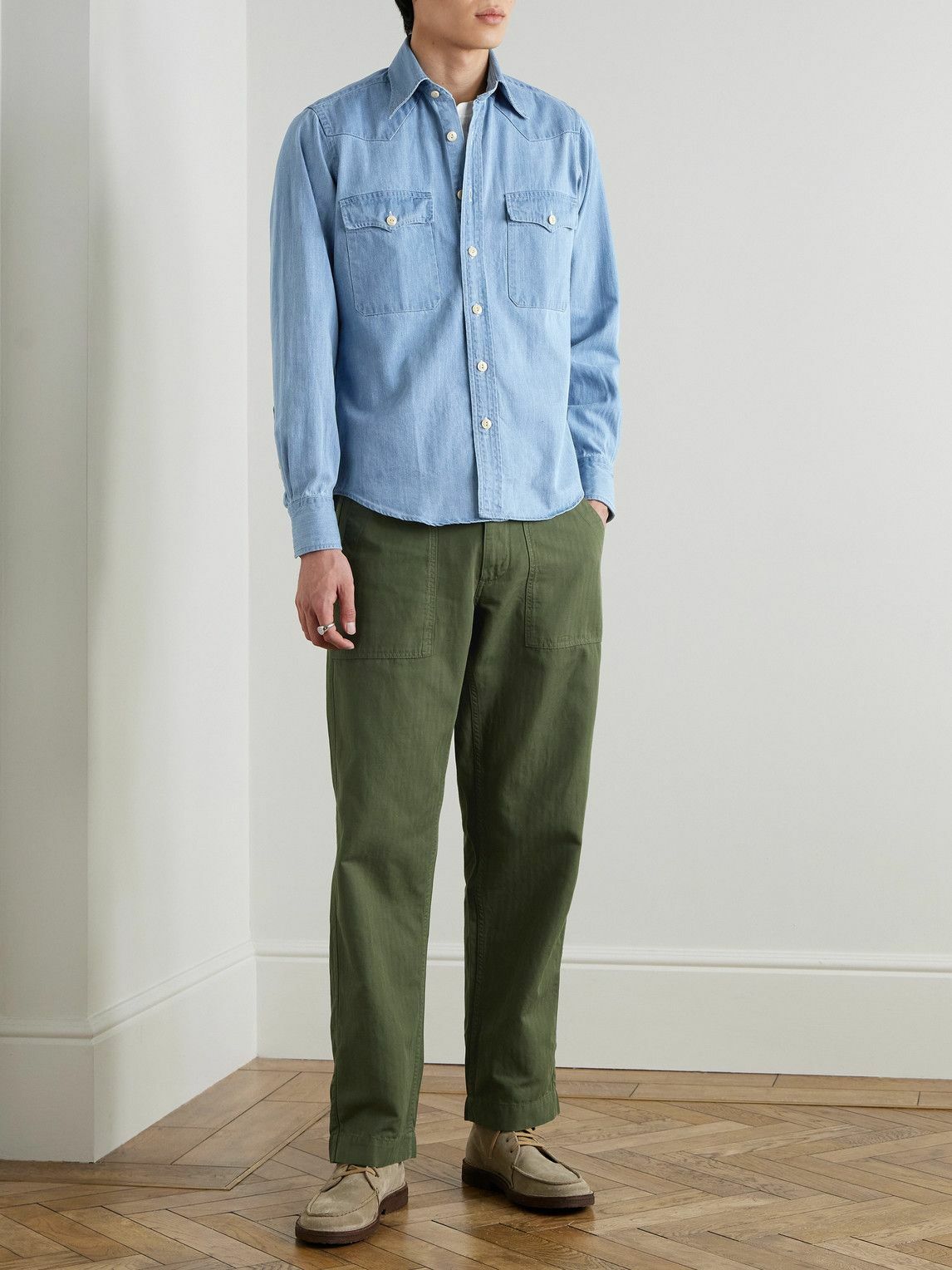Drake's - Tapered Herringbone Cotton and Linen-Blend Twill Trousers - Green