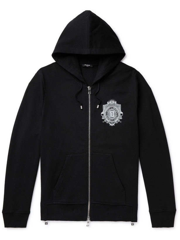 Photo: BALMAIN - Logo-Print Cotton-Jersey Zip-Up Hoodie - Black - S