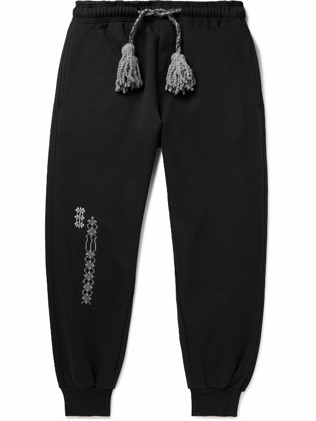 Photo: Adish - Tapered Tasselled Logo-Embroidered Cotton-Jersey Sweatpants - Black