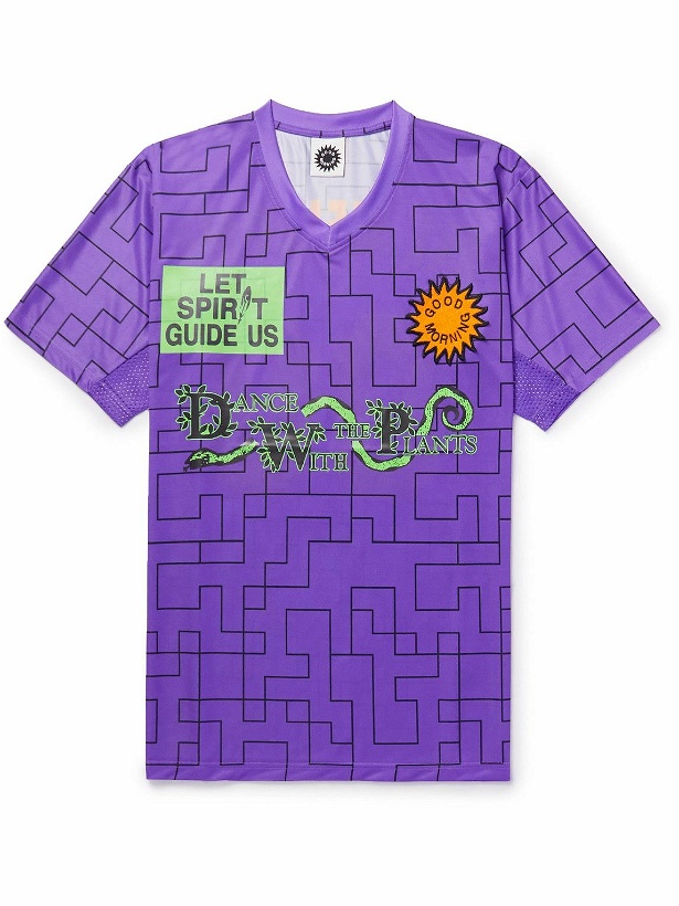 Photo: GOOD MORNING TAPES - Appliquéd Printed Mesh-Trimmed Recycled-Jersey T-Shirt - Purple