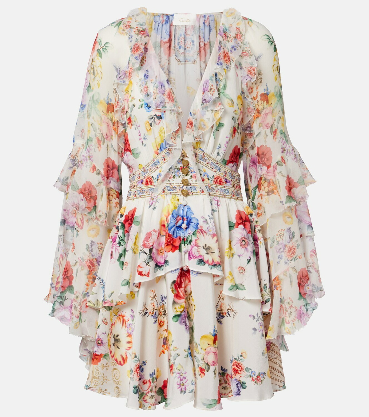 Camilla Embellished floral ruffled silk minidress