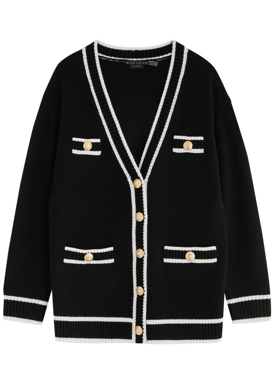 Alice + Olivia Bradford Wool-blend Cardigan Black And White