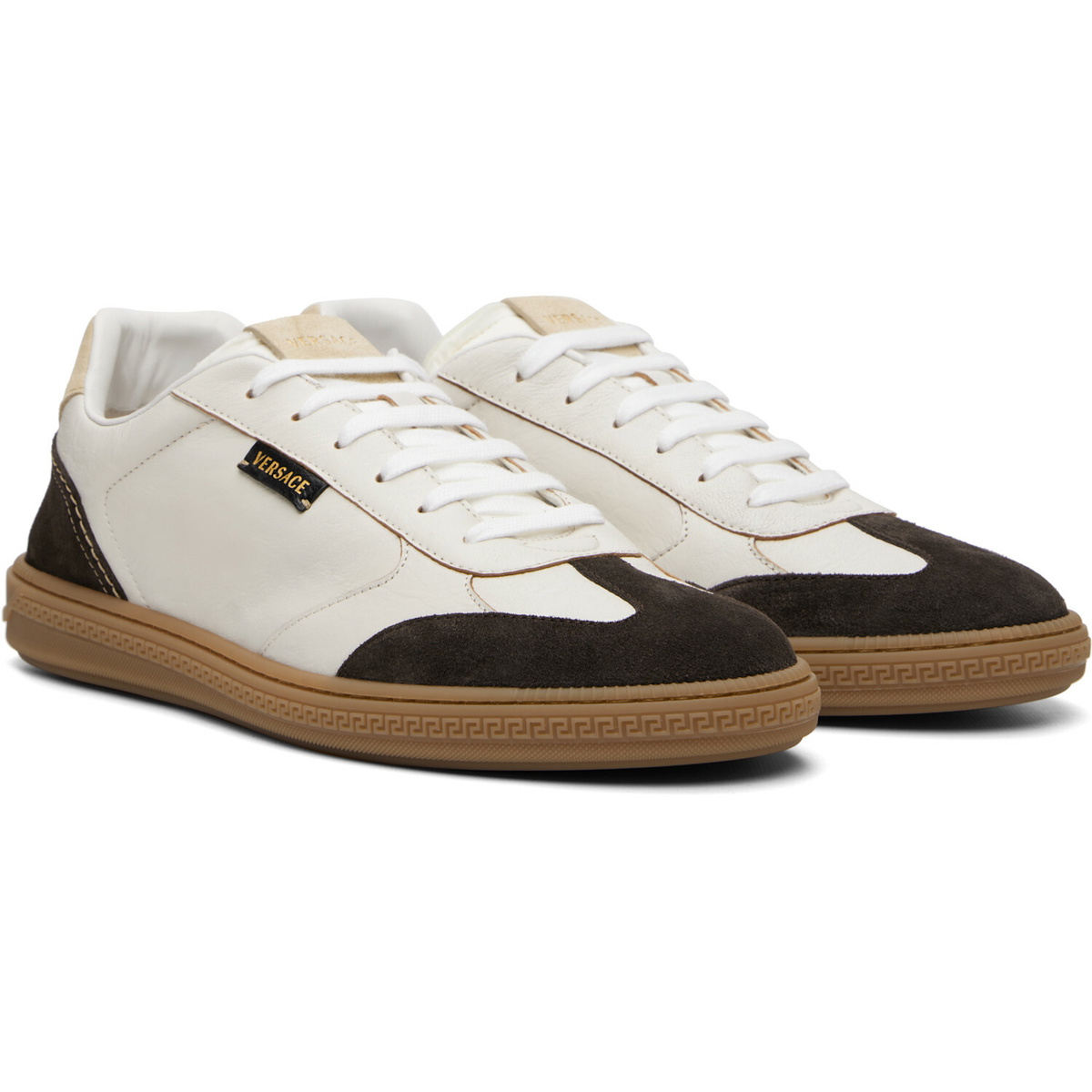Versace Brown & White Greca Court Nappa & Suede Sneakers