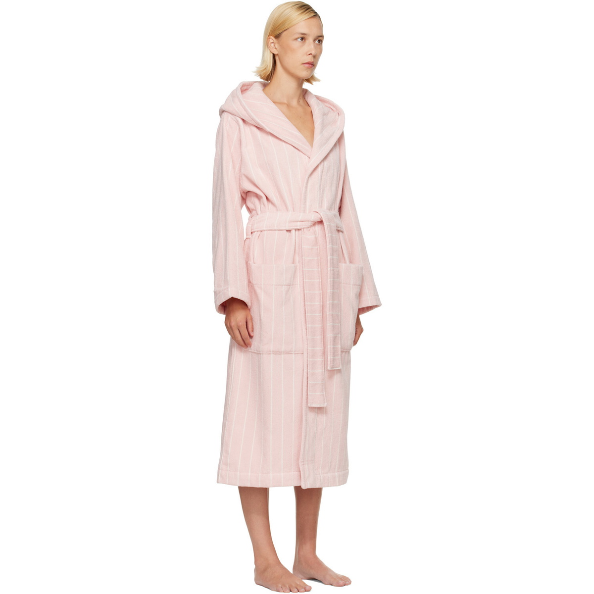 Tekla Pink & White Terry Hooded Bathrobe