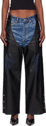 doublet Blue & Black Faux-Leather Coating Chaps Jeans