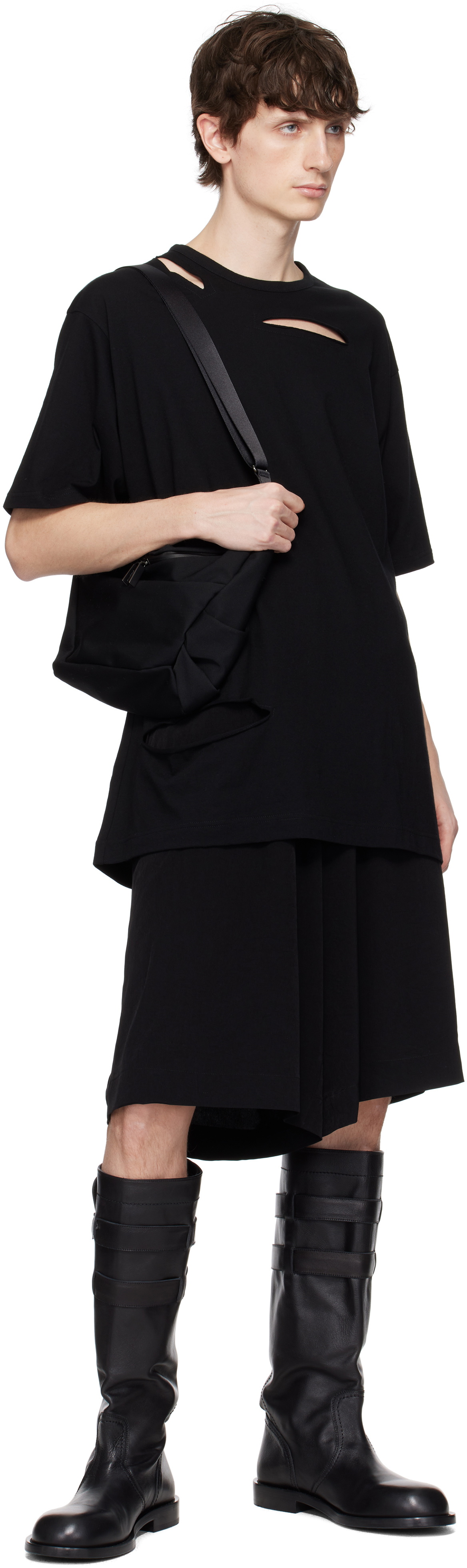 YOHJI YAMAMOTO Black Wool Gabardine Nylon Tape Drape Bag