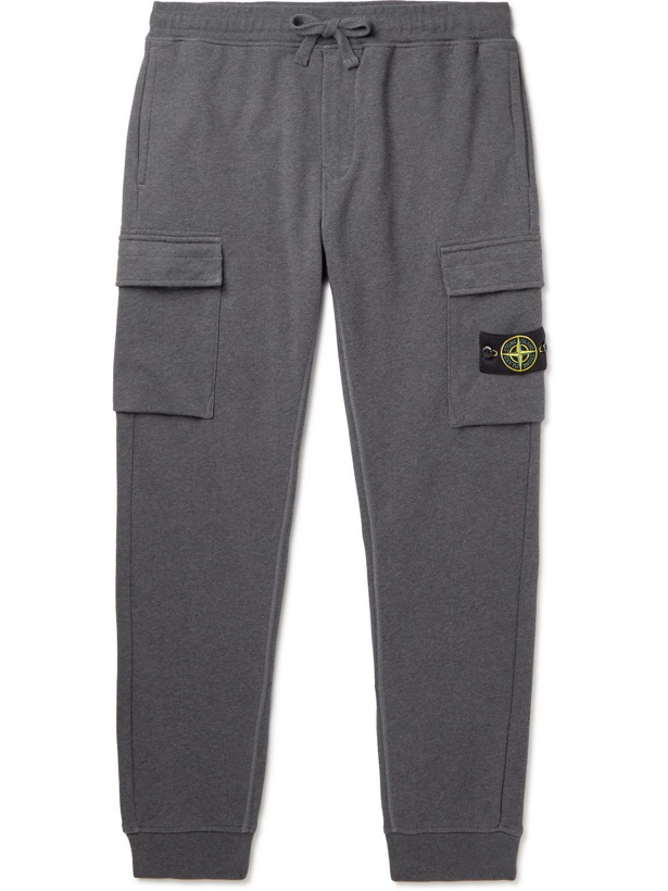 Photo: Stone Island - Slim-Fit Tapered Logo-Appliquéd Cotton-Jersey Cargo Sweatpants - Gray