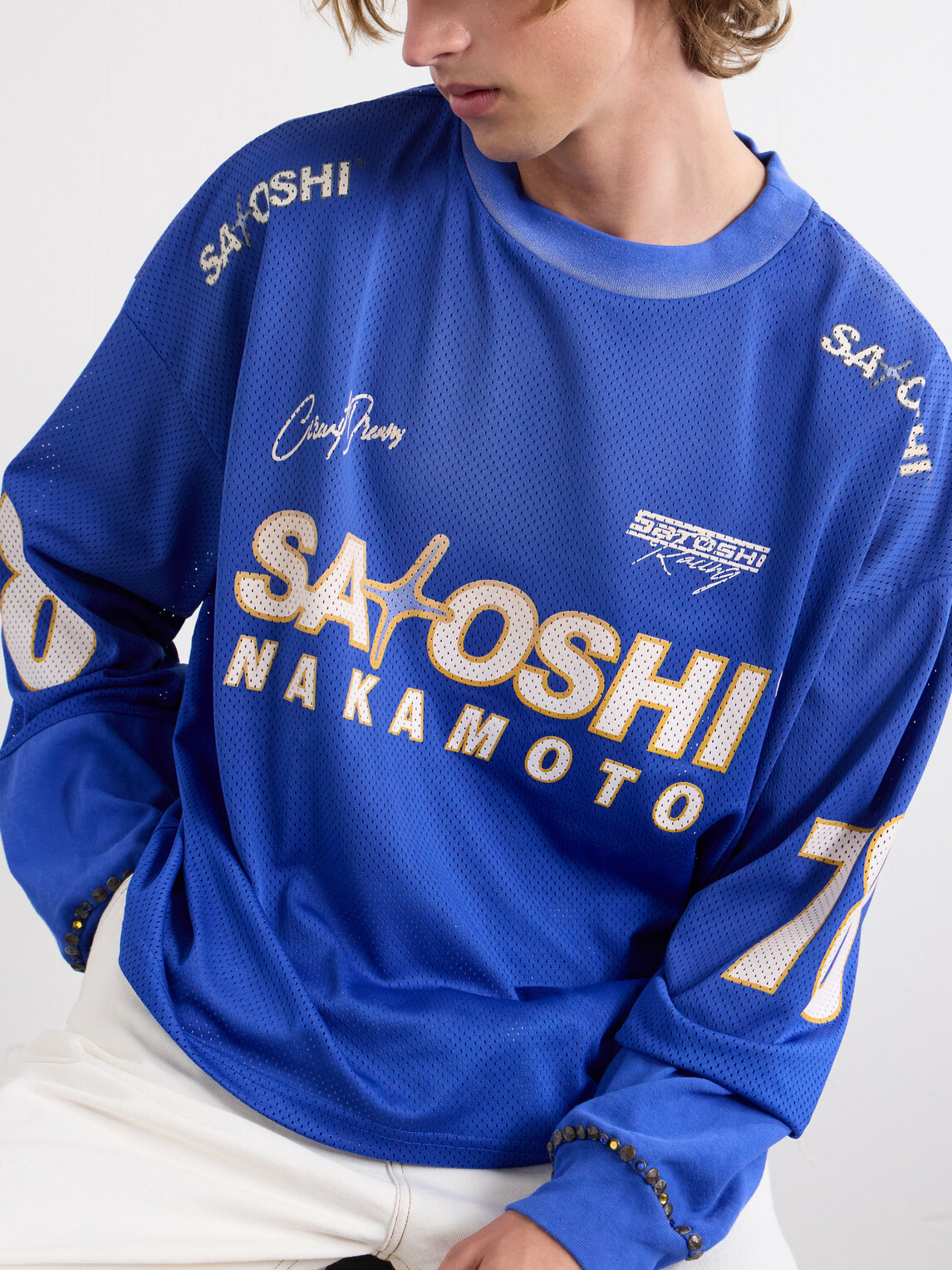 Satoshi Nakamoto - Moto Logo-Print Mesh T-Shirt - Blue