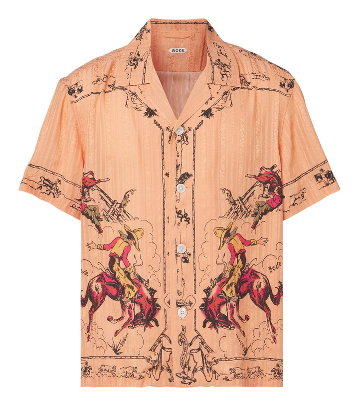 Photo: Bode Bronco printed silk baseball shirt