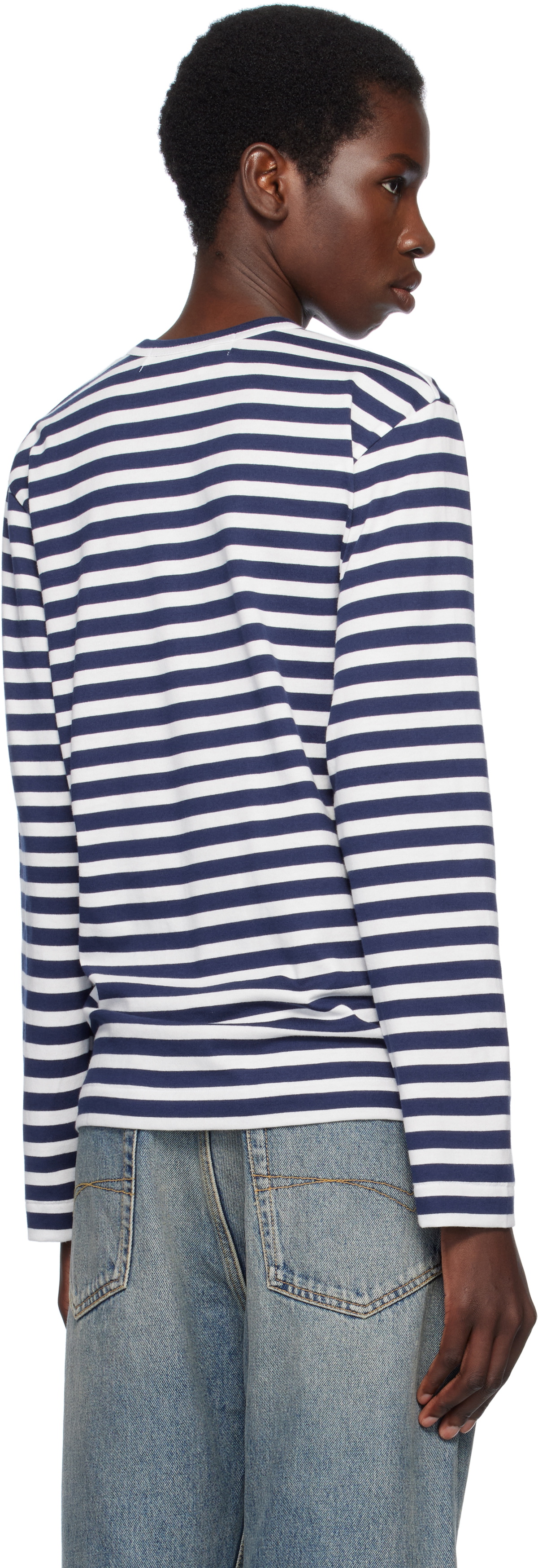 COMME des GARÇONS PLAY Navy & White Stripe Metal Stone Emblem Red Heart T-shirt