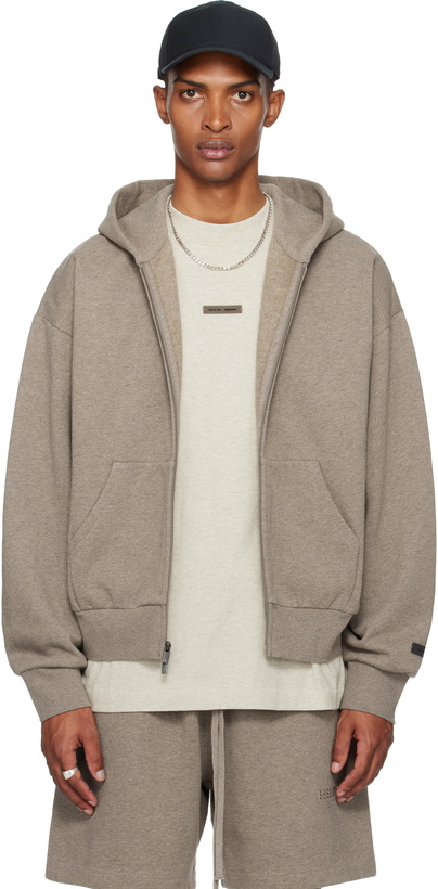 Photo: Fear of God ESSENTIALS Brown Classic Fit Fleece Zip-Up Hoodie