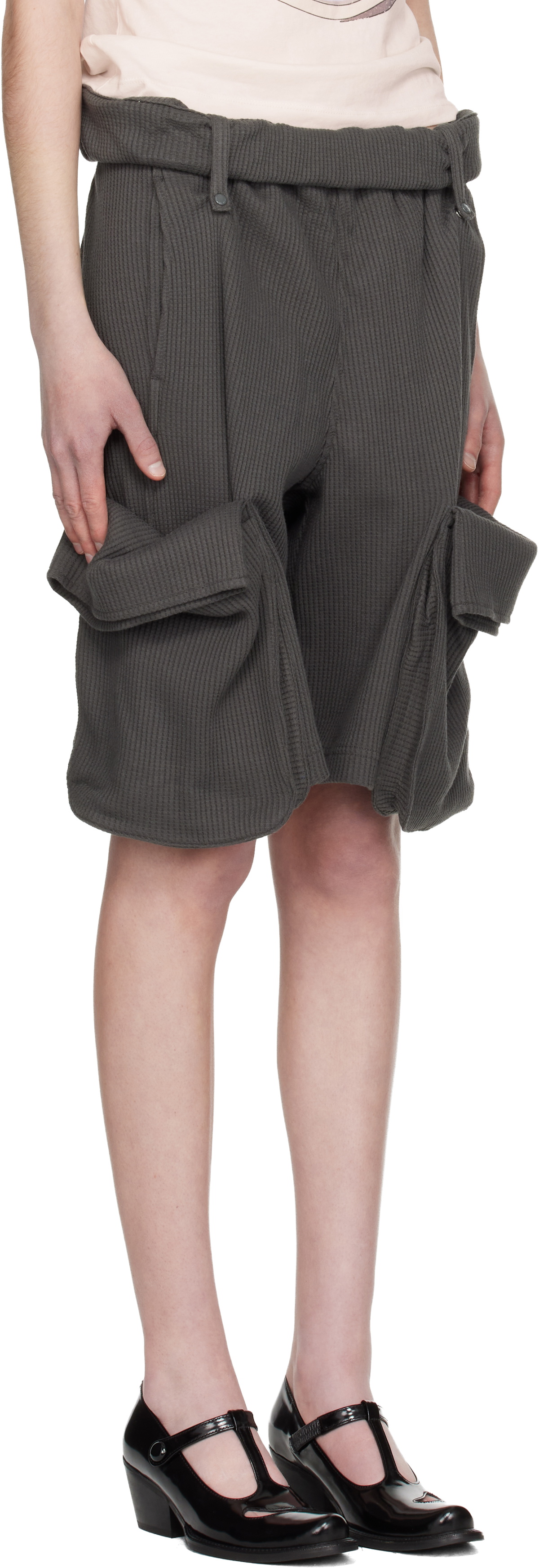 OPEN YY Gray Rolled Waist Sweat Cargo Shorts