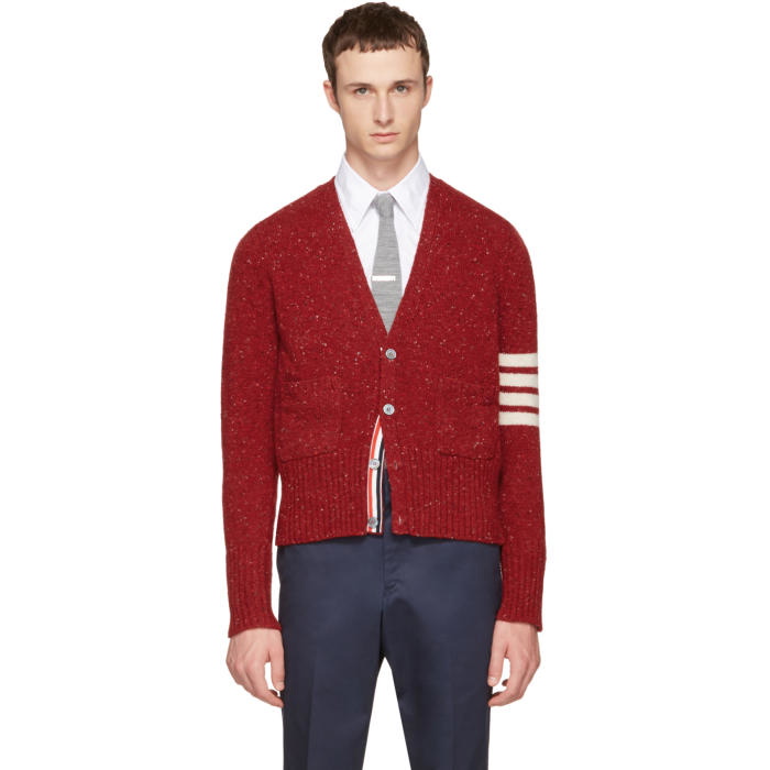 Photo: Thom Browne Red Classic Mohair V-Neck Cardigan