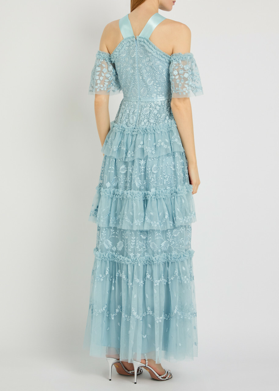 Needle & Thread Primrose Floral-embroidered Tulle Gown Blue