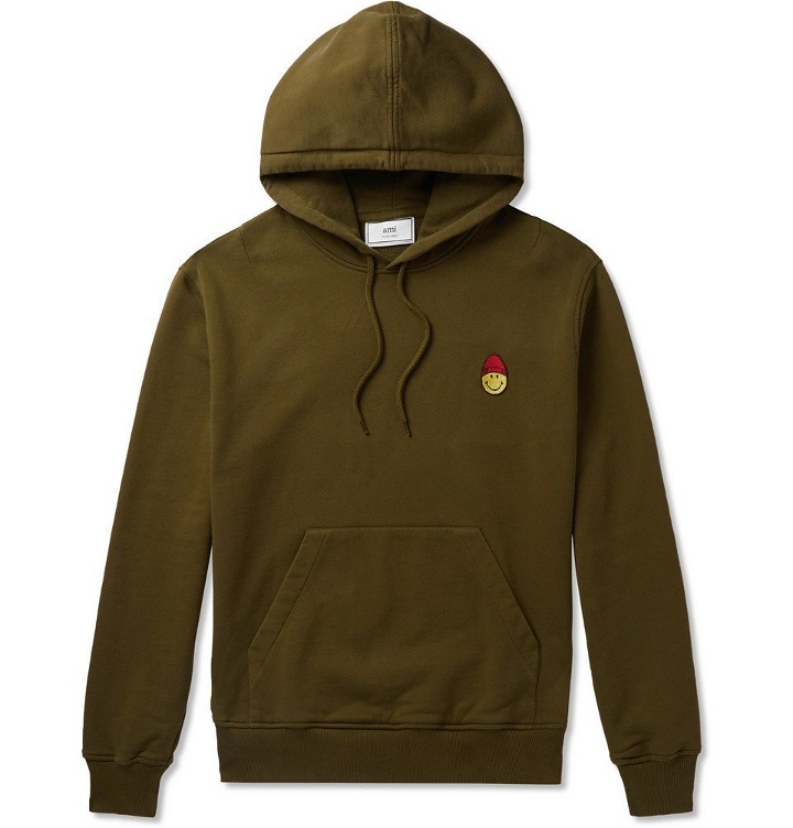 Photo: AMI - The Smiley Company Slim-Fit Logo-Appliquéd Loopback Cotton-Jersey Hoodie - Green