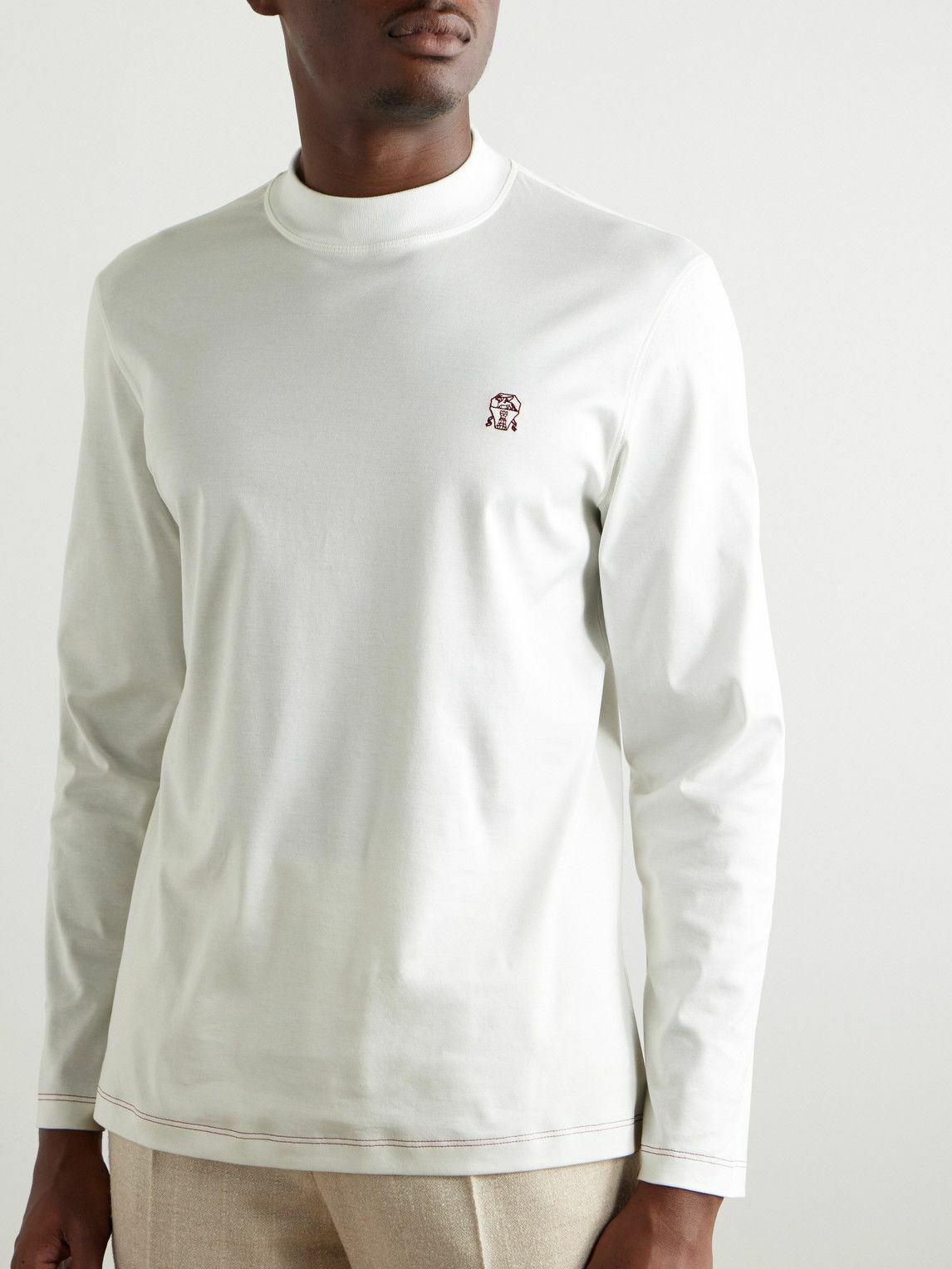 Brunello Cucinelli - Logo-Embroidered Cotton-Jersey Mock