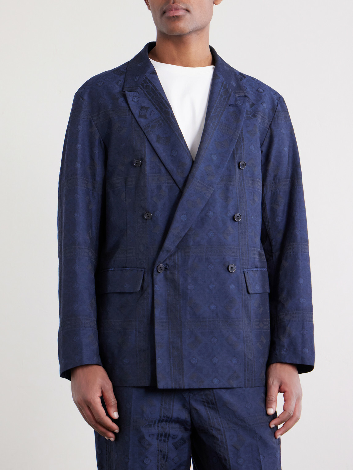 Blue Blue Japan - Double-Breasted Cotton-Blend Jacquard Suit Jacket - Blue